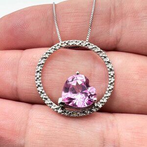 10K White Gold Womens Necklace Pink CZ Heart Circle Pendant 18" Chain 3.7 Grams